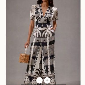 Farm Rio Jumpsuit Linen Puff Sleeve Black/White X-Small NWT